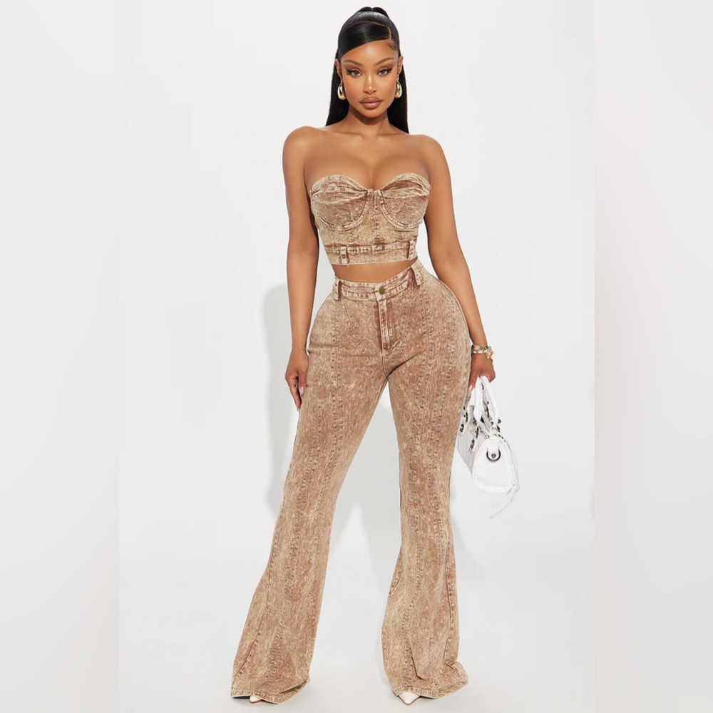Denim pants set camel color